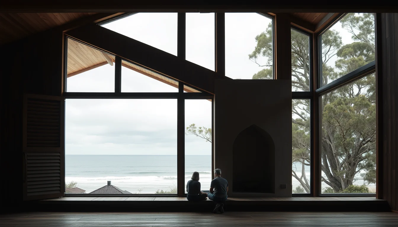 Wide interior photograph inside a robust coastal house at the edge of an Australian national park.