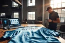 Editorial photograph of a Manchester City football shirt displayed on a worktable inside a contemporary sportswear.