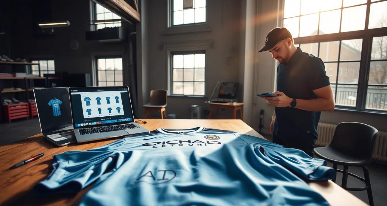 Editorial photograph of a Manchester City football shirt displayed on a worktable inside a contemporary sportswear.