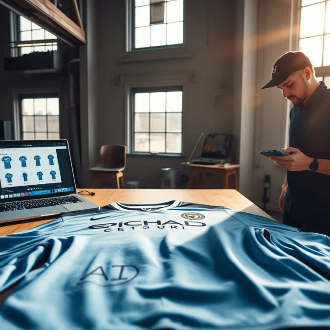 Editorial photograph of a Manchester City football shirt displayed on a worktable inside a contemporary sportswear.