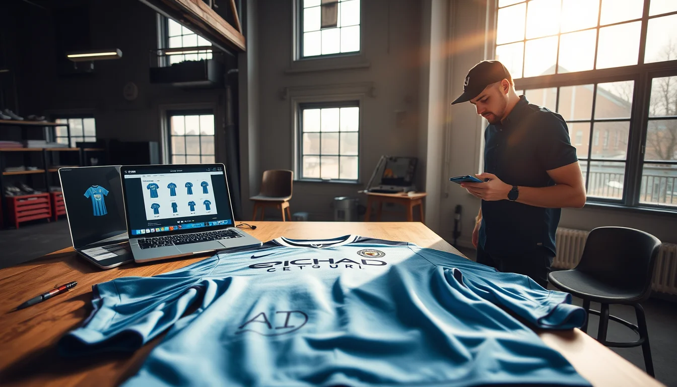 Editorial photograph of a Manchester City football shirt displayed on a worktable inside a contemporary sportswear.