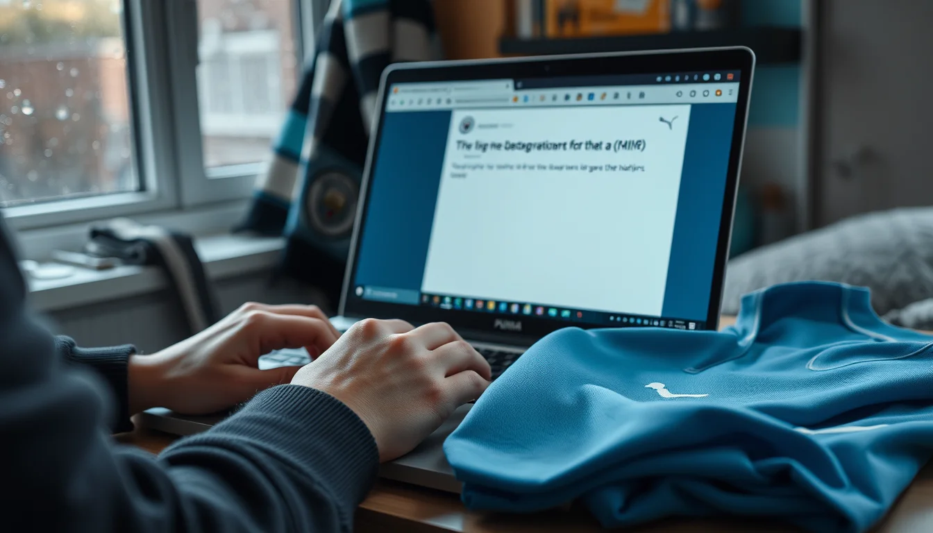 Close editorial photograph of a Manchester City supporter typing a descriptive prompt into Puma’s AI Creator.