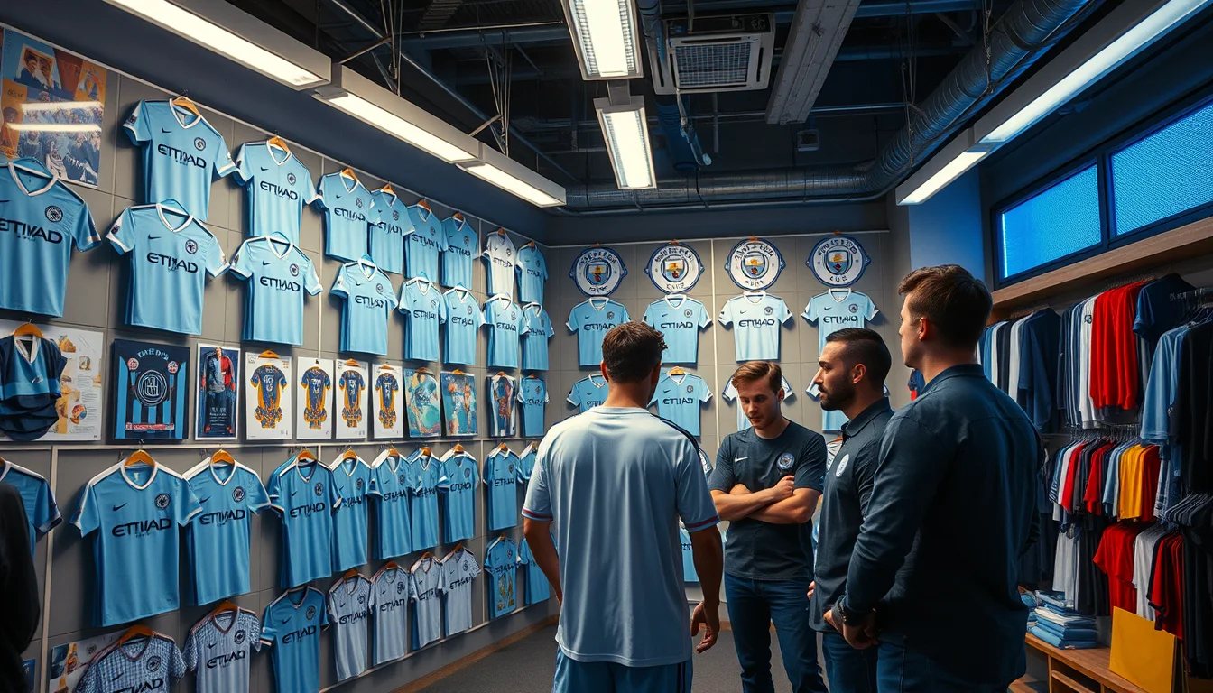 Wide editorial scene inside a professional football kit development studio: a wall of Manchester City shirt.
