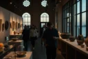 Editorial photograph inside a Homo Faber exhibition space on San Giorgio Maggiore in Venice, with visitors.