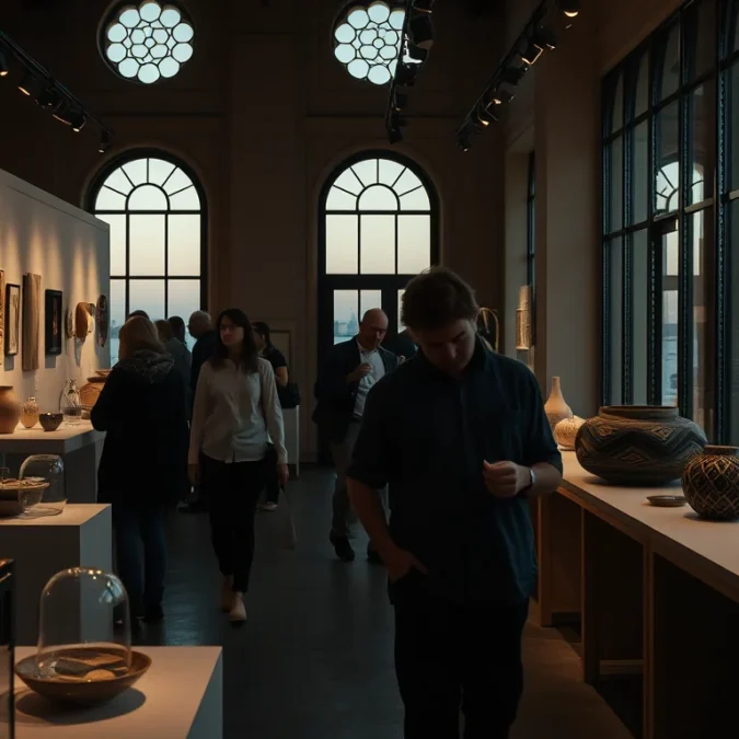 Editorial photograph inside a Homo Faber exhibition space on San Giorgio Maggiore in Venice, with visitors.