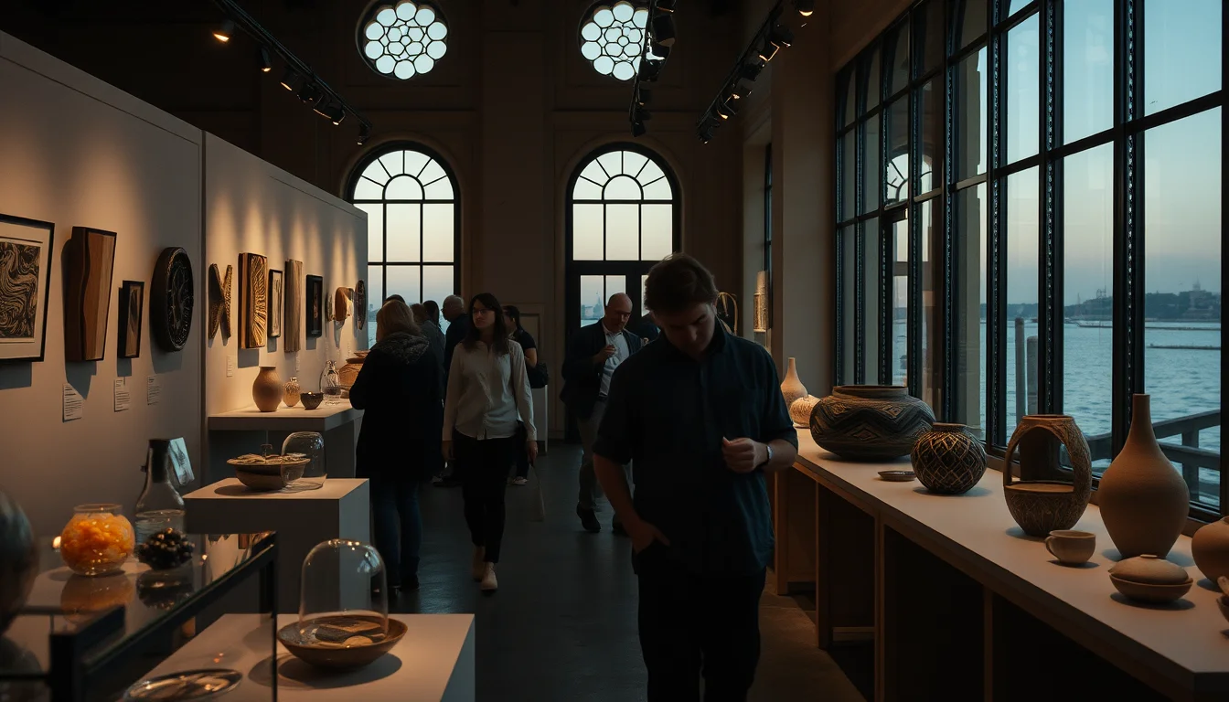 Editorial photograph inside a Homo Faber exhibition space on San Giorgio Maggiore in Venice, with visitors.