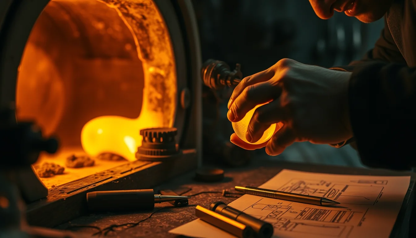 Close editorial photograph of a Venetian glassmaker's hands shaping molten glass beside a glowing furnace.