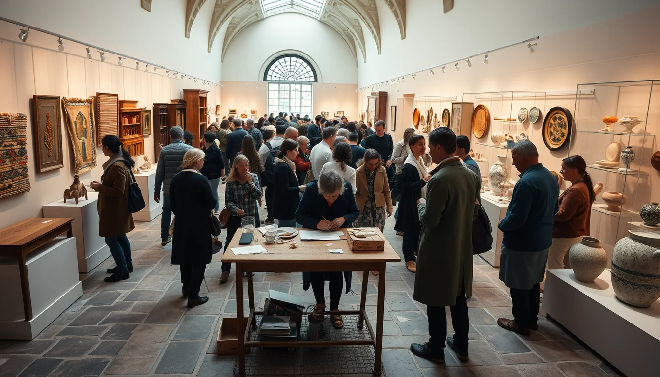 Wide interior view of a contemporary craft exhibition in Venice showing visitors studying handmade furniture, woven.