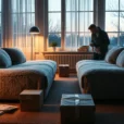 Editorial photograph of a Scandinavian living room at dusk, centered on two nearly identical teddy-fleece sofa.