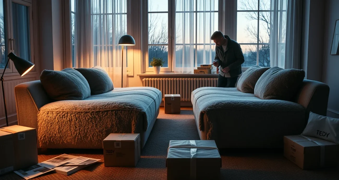 Editorial photograph of a Scandinavian living room at dusk, centered on two nearly identical teddy-fleece sofa.