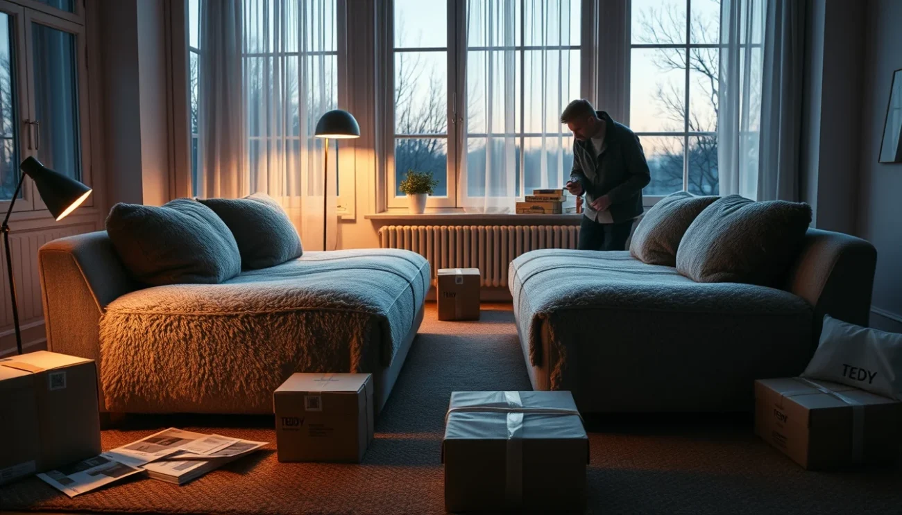Editorial photograph of a Scandinavian living room at dusk, centered on two nearly identical teddy-fleece sofa.