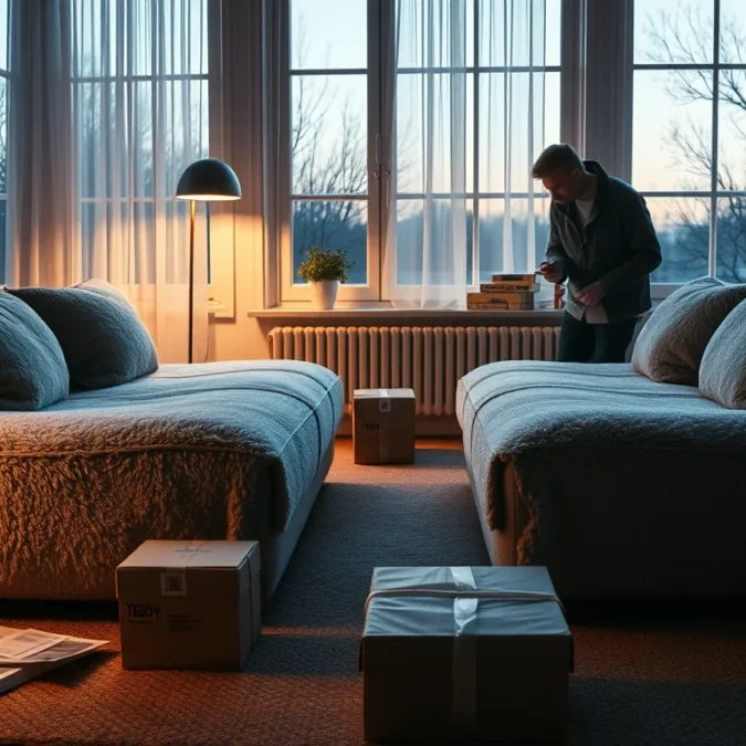 Editorial photograph of a Scandinavian living room at dusk, centered on two nearly identical teddy-fleece sofa.