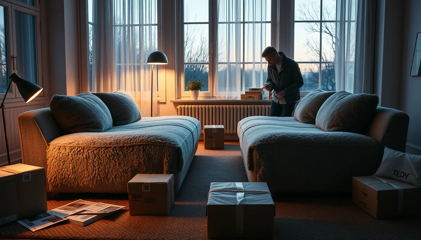 Editorial photograph of a Scandinavian living room at dusk, centered on two nearly identical teddy-fleece sofa.