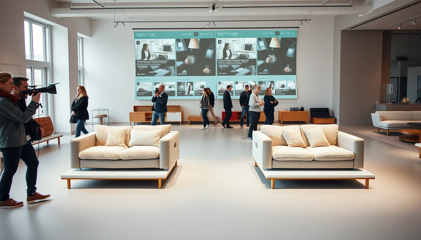 Wide editorial scene inside a contemporary furniture showroom, where visitors move between an original Teddy sofa.