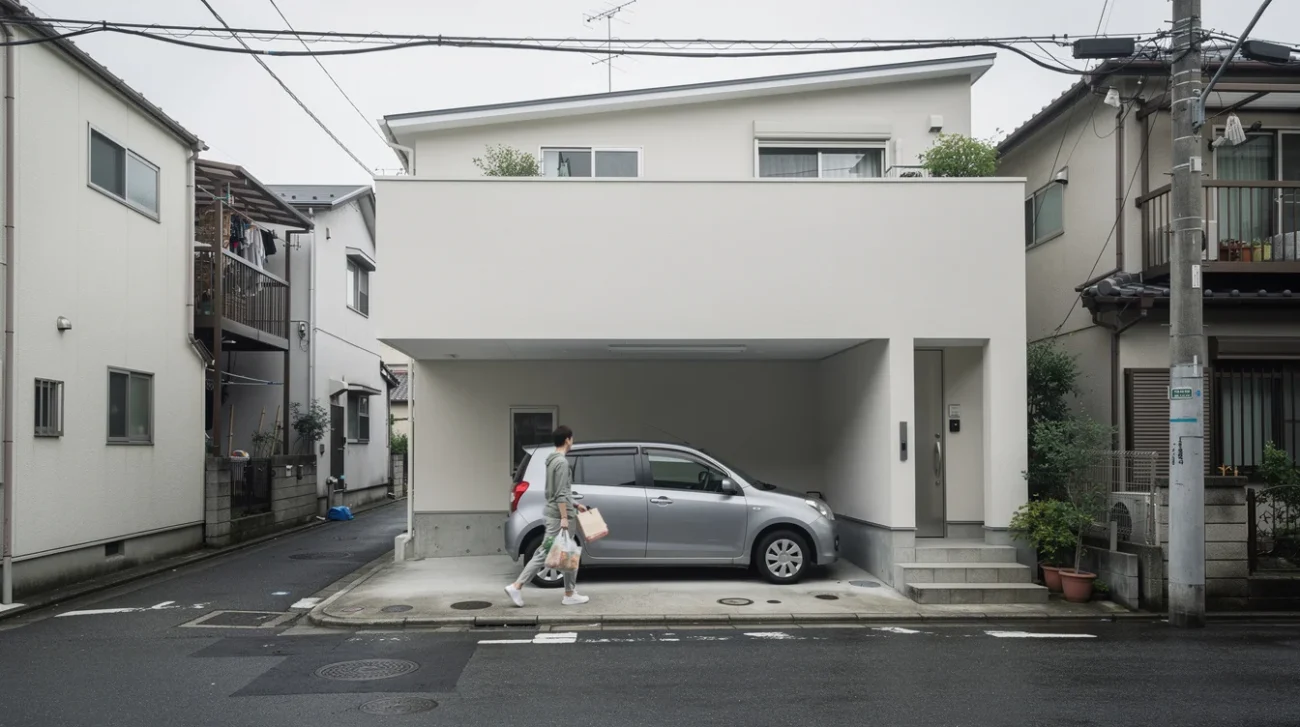 Editorial photograph of a tiny contemporary house on a narrow residential lane in Tokyo, its upper.