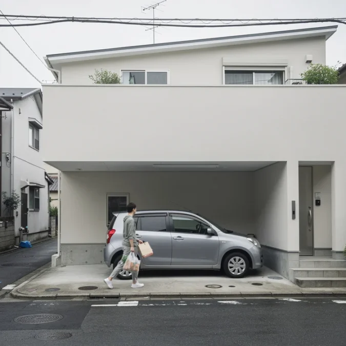 Editorial photograph of a tiny contemporary house on a narrow residential lane in Tokyo, its upper.