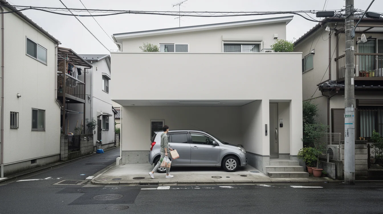 Editorial photograph of a tiny contemporary house on a narrow residential lane in Tokyo, its upper.