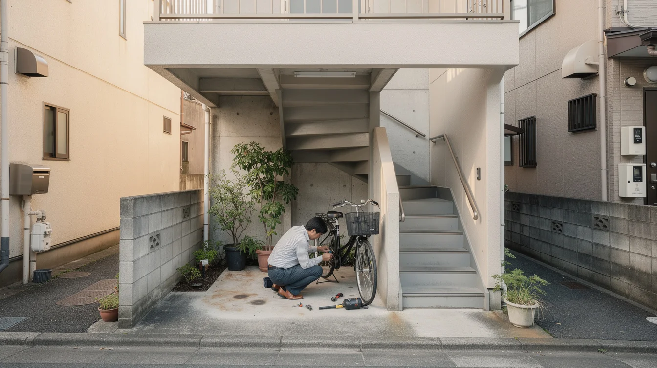 Editorial photograph looking from a narrow Tokyo residential lane into an unoccupied covered parking recess beneath.