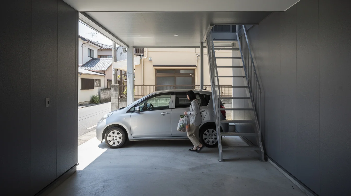 Editorial photograph from the recessed entrance of a tiny Tokyo house, where a parked compact car.