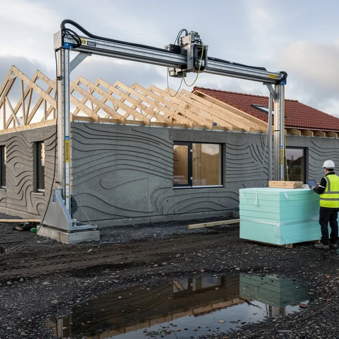 Editorial photograph of a low-rise housing construction site in Denmark, a gantry-mounted concrete printer spanning.