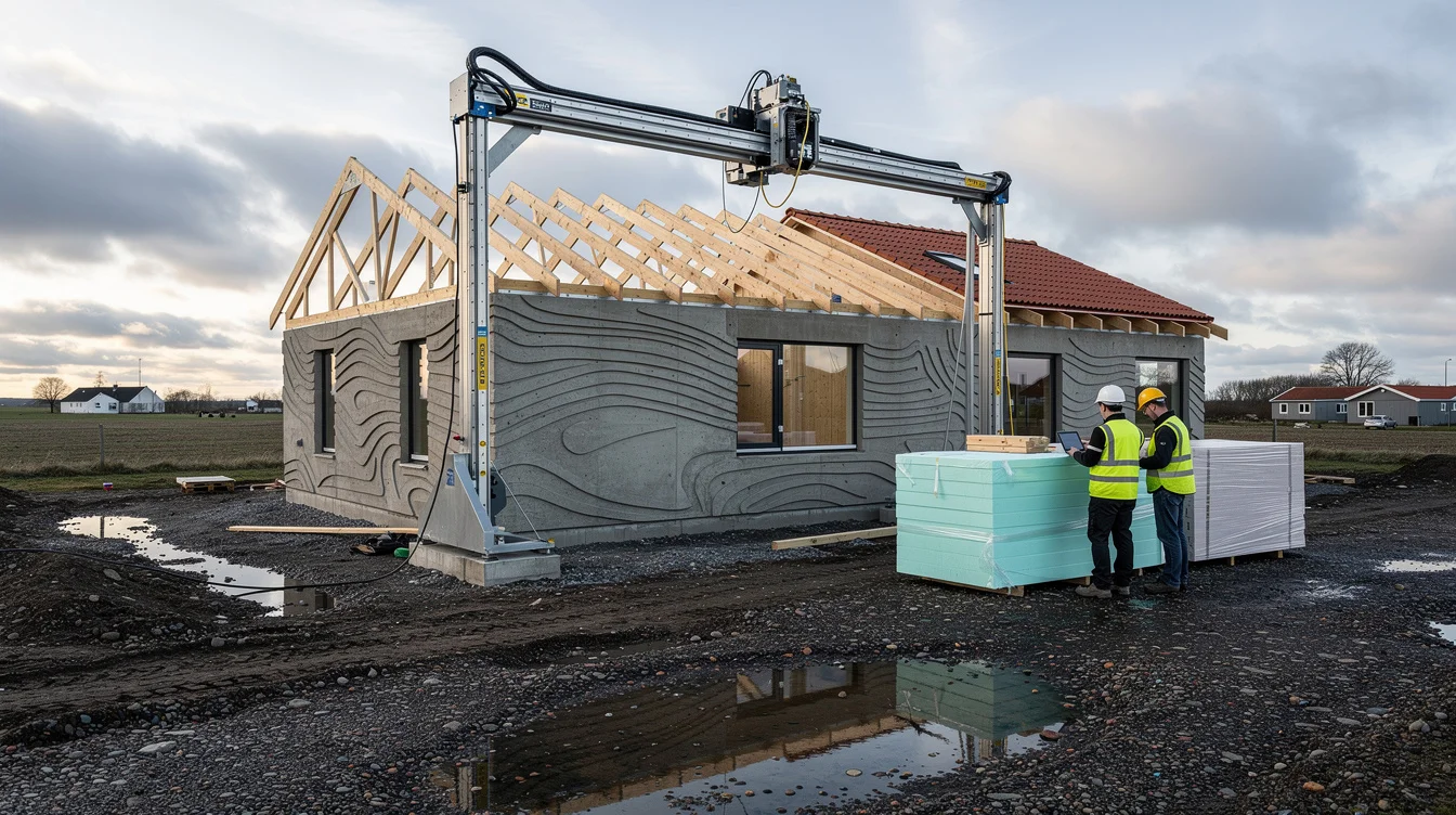 Editorial photograph of a low-rise housing construction site in Denmark, a gantry-mounted concrete printer spanning.