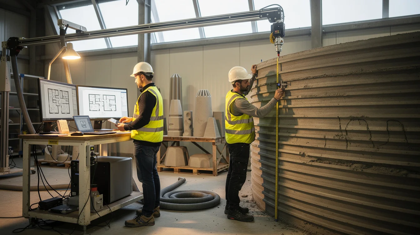 Editorial photograph inside a construction-printing workshop in Denmark, an operator reviewing a digital floor plan while.