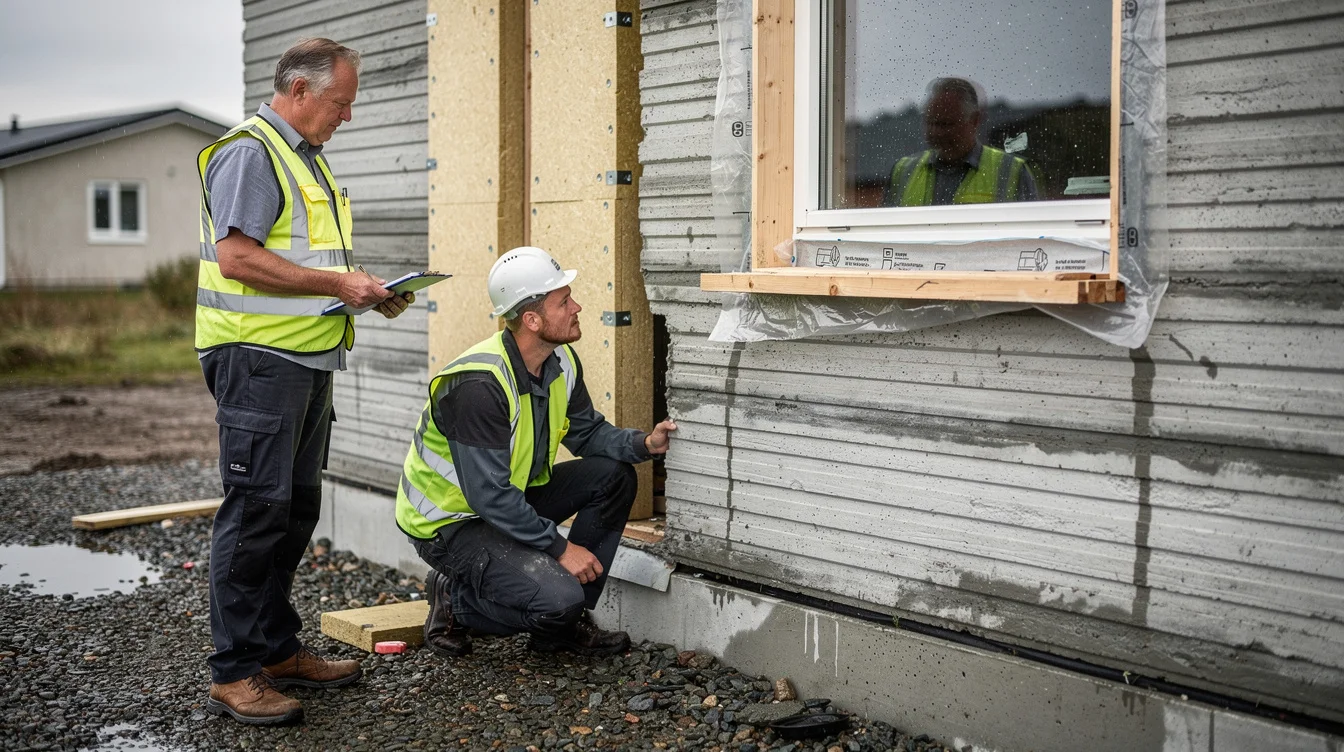 Editorial photograph at an unfinished 3D-printed home in Denmark after rain, a building inspector and construction.