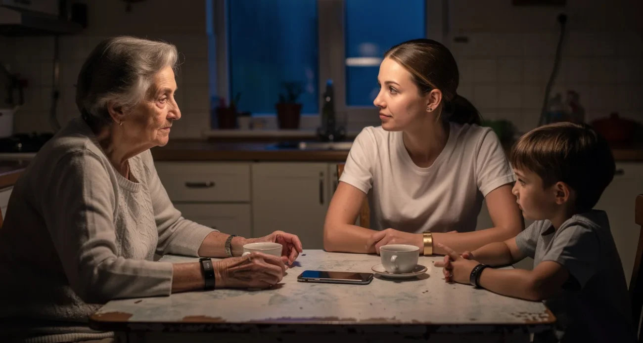 Editorial photograph of three generations around a modest kitchen table at dusk, two wearing minimalist wristband.