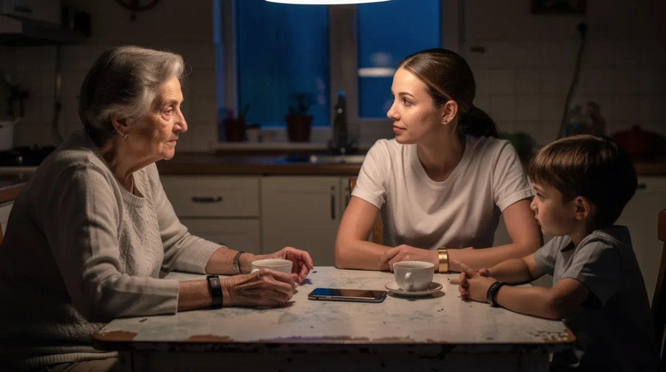 Editorial photograph of three generations around a modest kitchen table at dusk, two wearing minimalist wristband.