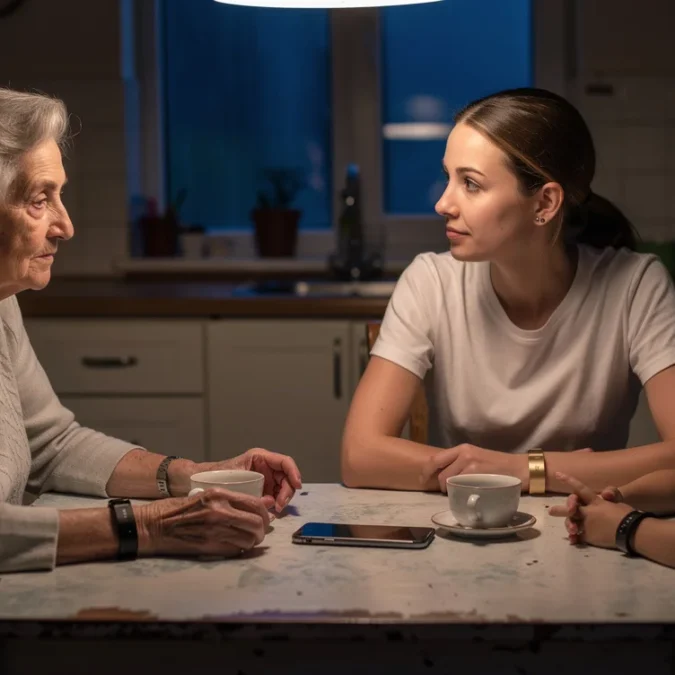 Editorial photograph of three generations around a modest kitchen table at dusk, two wearing minimalist wristband.