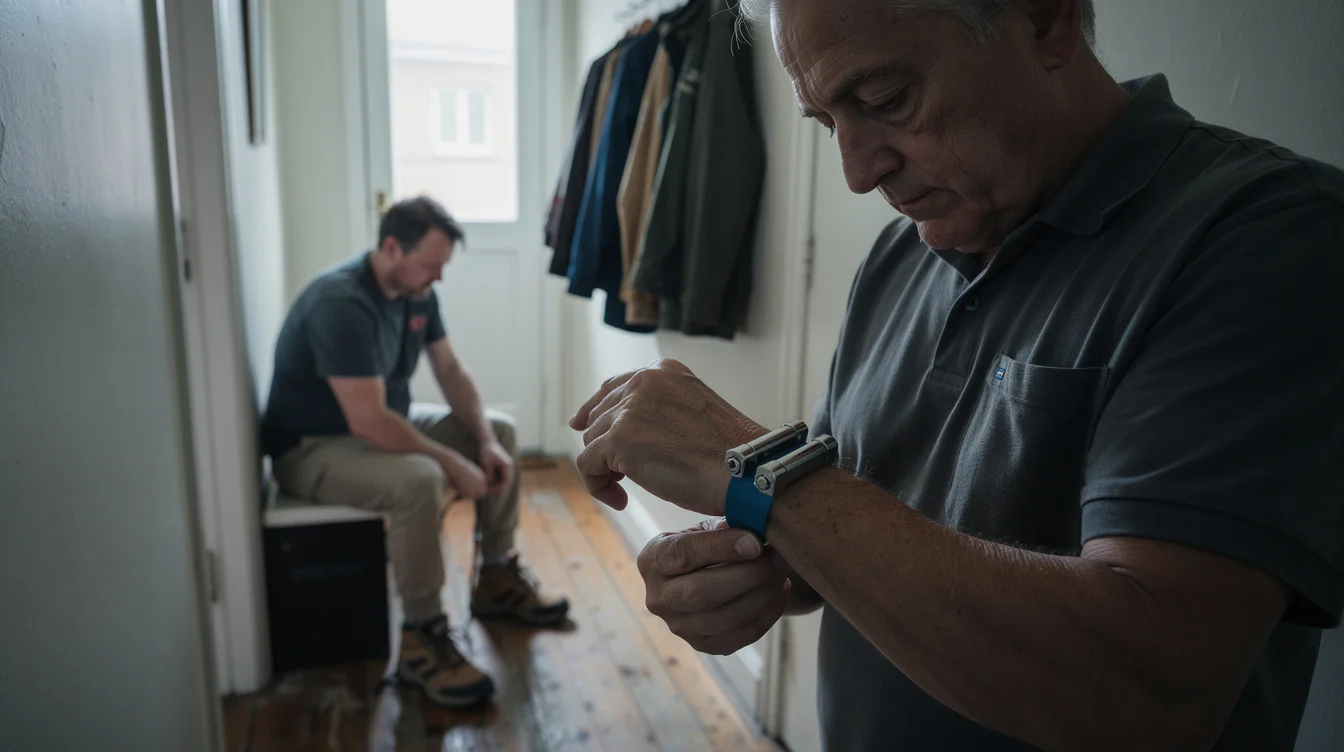 Close editorial photograph of an older man fastening a sterling-blue wristband prop inspired by Luffu Link.