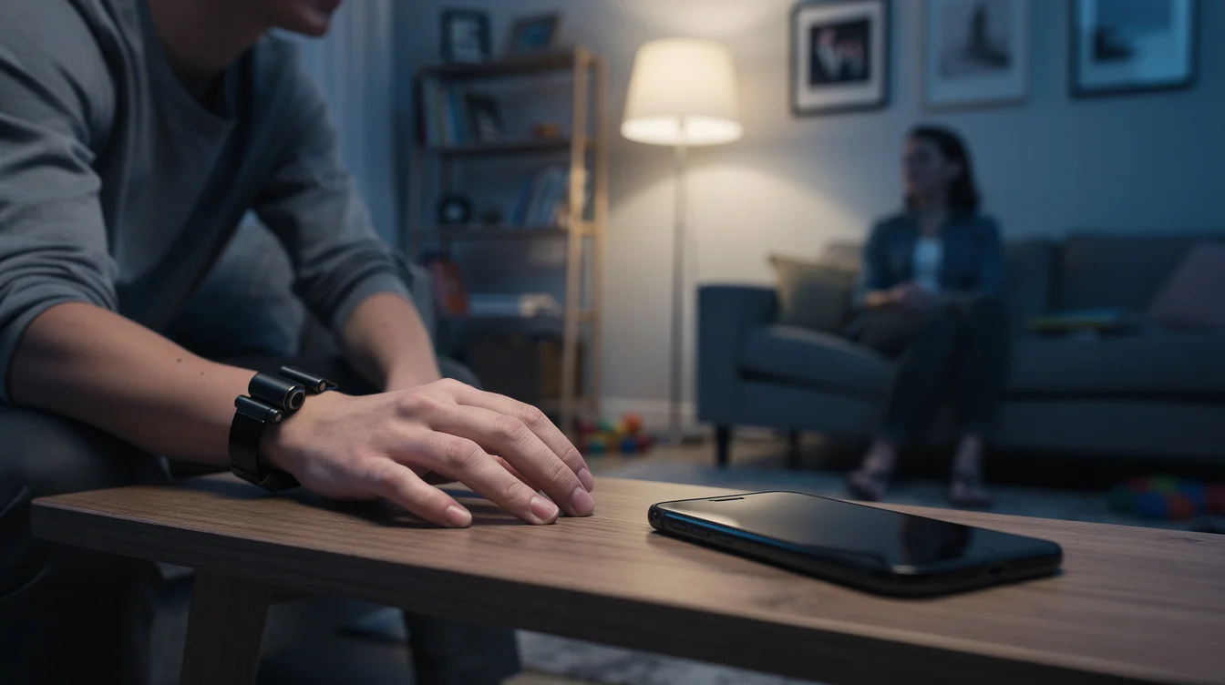 Staged editorial photograph in a quiet family living room at blue hour: a young adult has.
