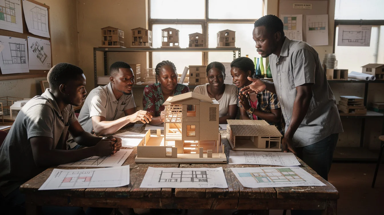 Editorial photograph in an architecture teaching studio in Accra, illustrating the questions raised by the Pan-African.