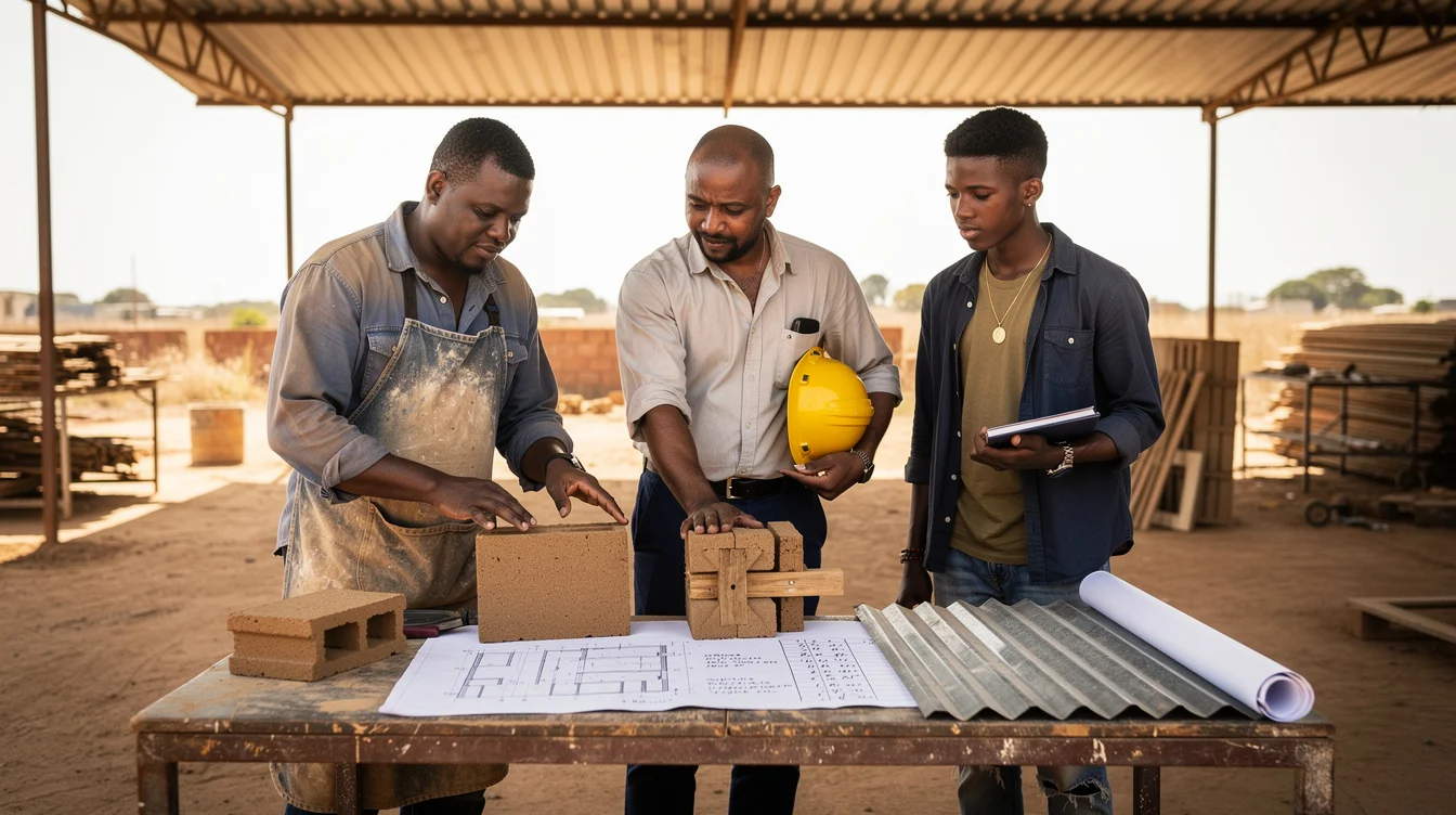 Staged editorial photograph of a material and maintenance workshop responding to the Pan-African Biennale 2026’s architectural.