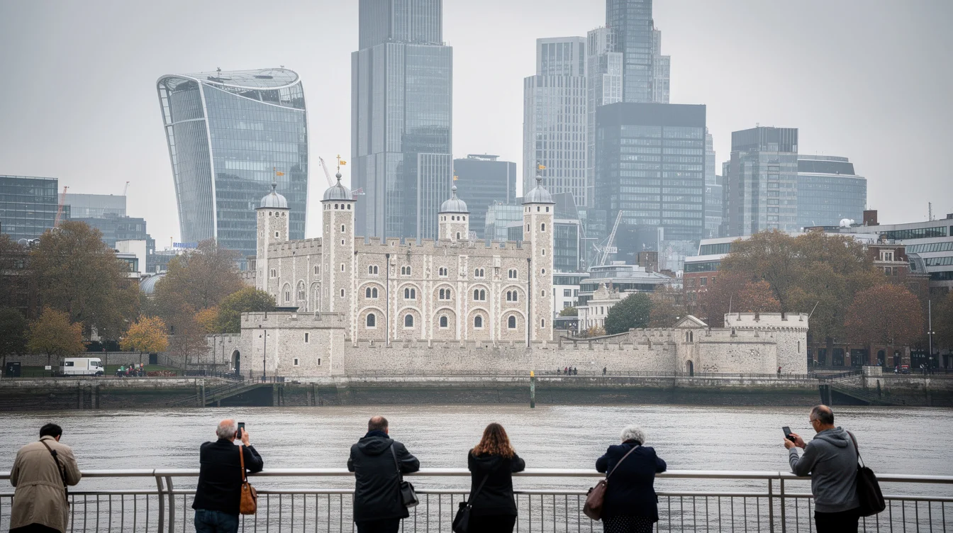 Editorial photograph from the south bank of the River Thames in London, looking toward a medieval.