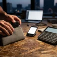 Editorial photograph inside a working industrial-design studio at dusk: a designer slides a smartphone into.