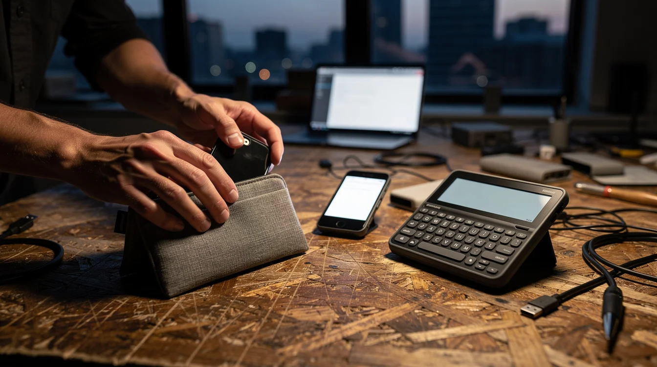 Editorial photograph inside a working industrial-design studio at dusk: a designer slides a smartphone into.