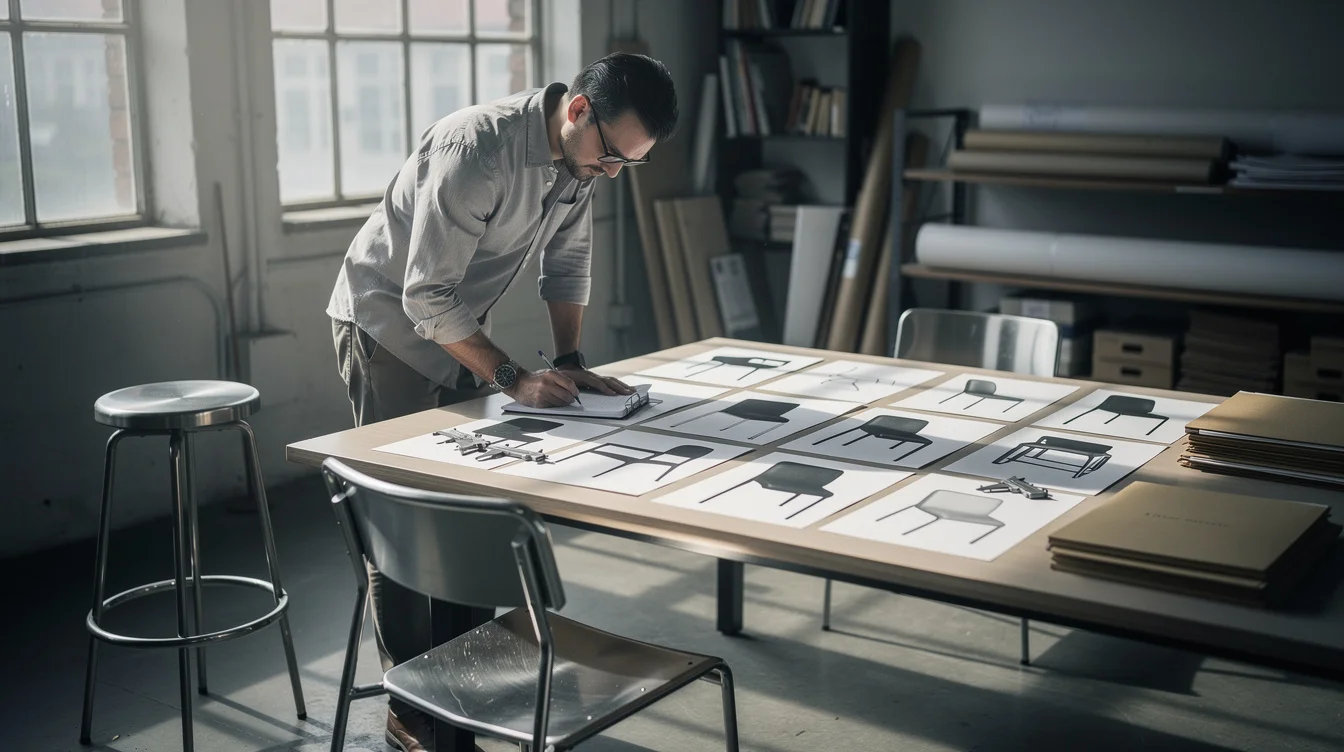 Staged editorial photograph in a Hamburg furniture assessment studio, reflecting the Emeco–Zara Home design dispute.