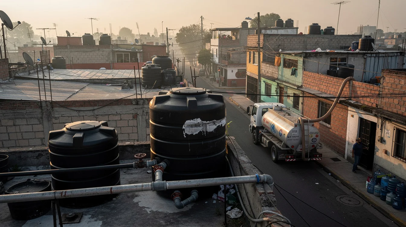 Editorial photograph from an accessible rooftop in a residential neighborhood of Mexico City, black plastic tinacos.