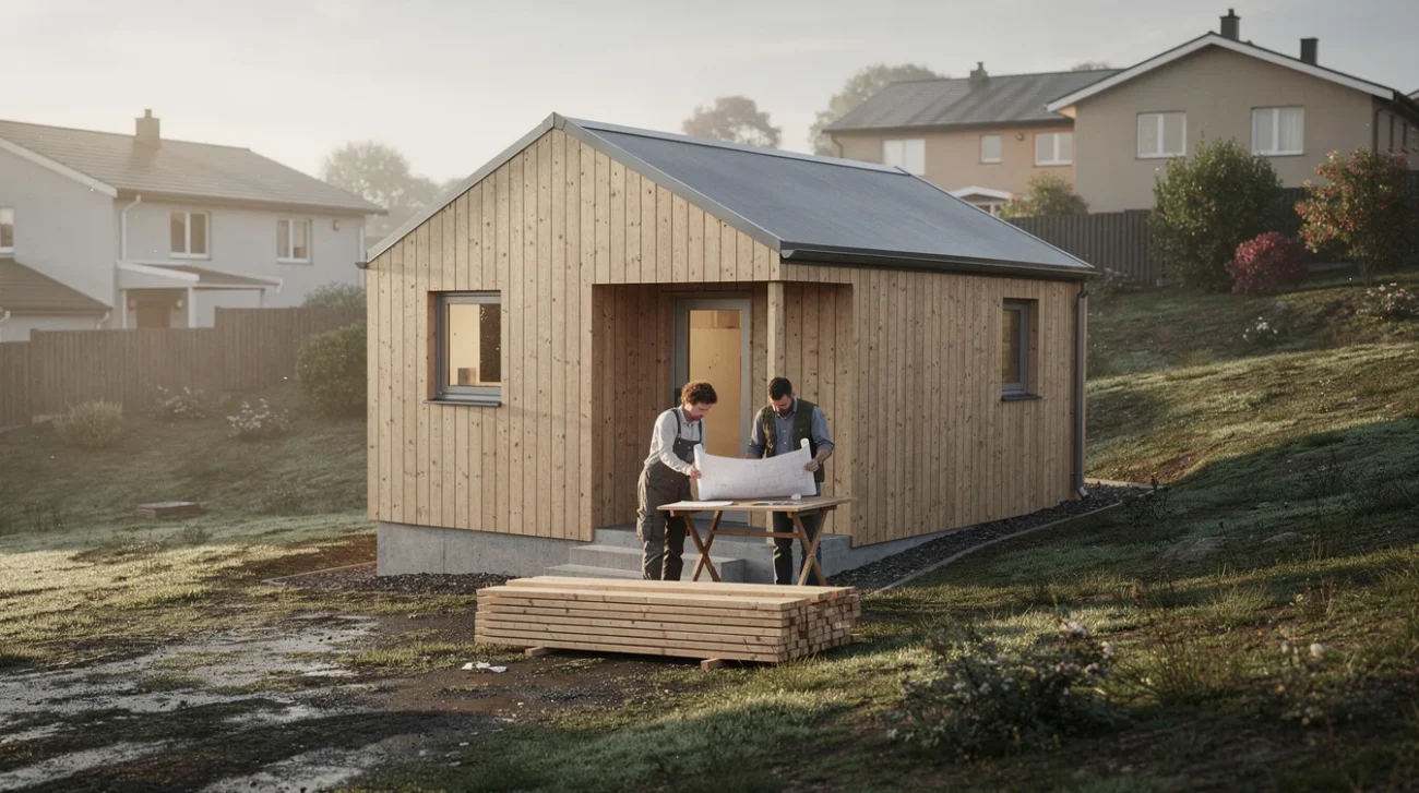 Editorial photograph of a modest, approximately 42-square-metre timber house with a simple pitched roof on.