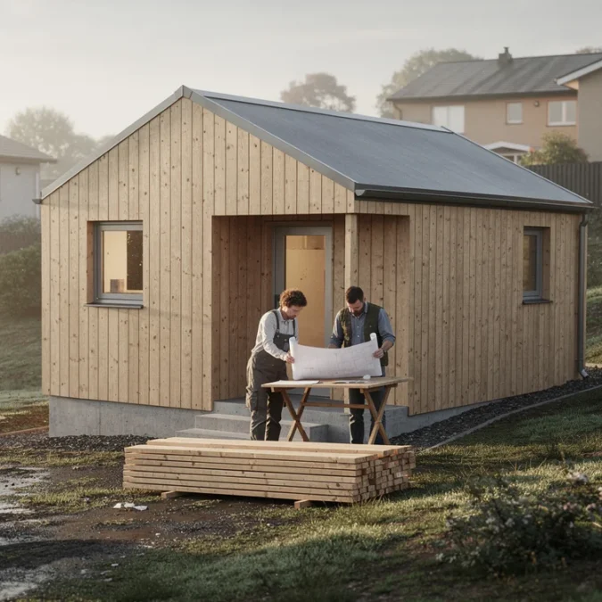 Editorial photograph of a modest, approximately 42-square-metre timber house with a simple pitched roof on.
