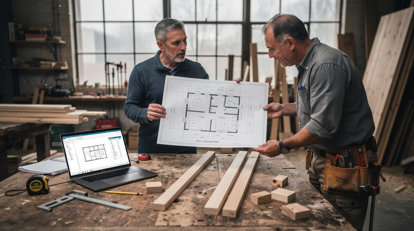 Editorial photograph inside a working carpentry workshop, where an architect and a carpenter compare a printed.