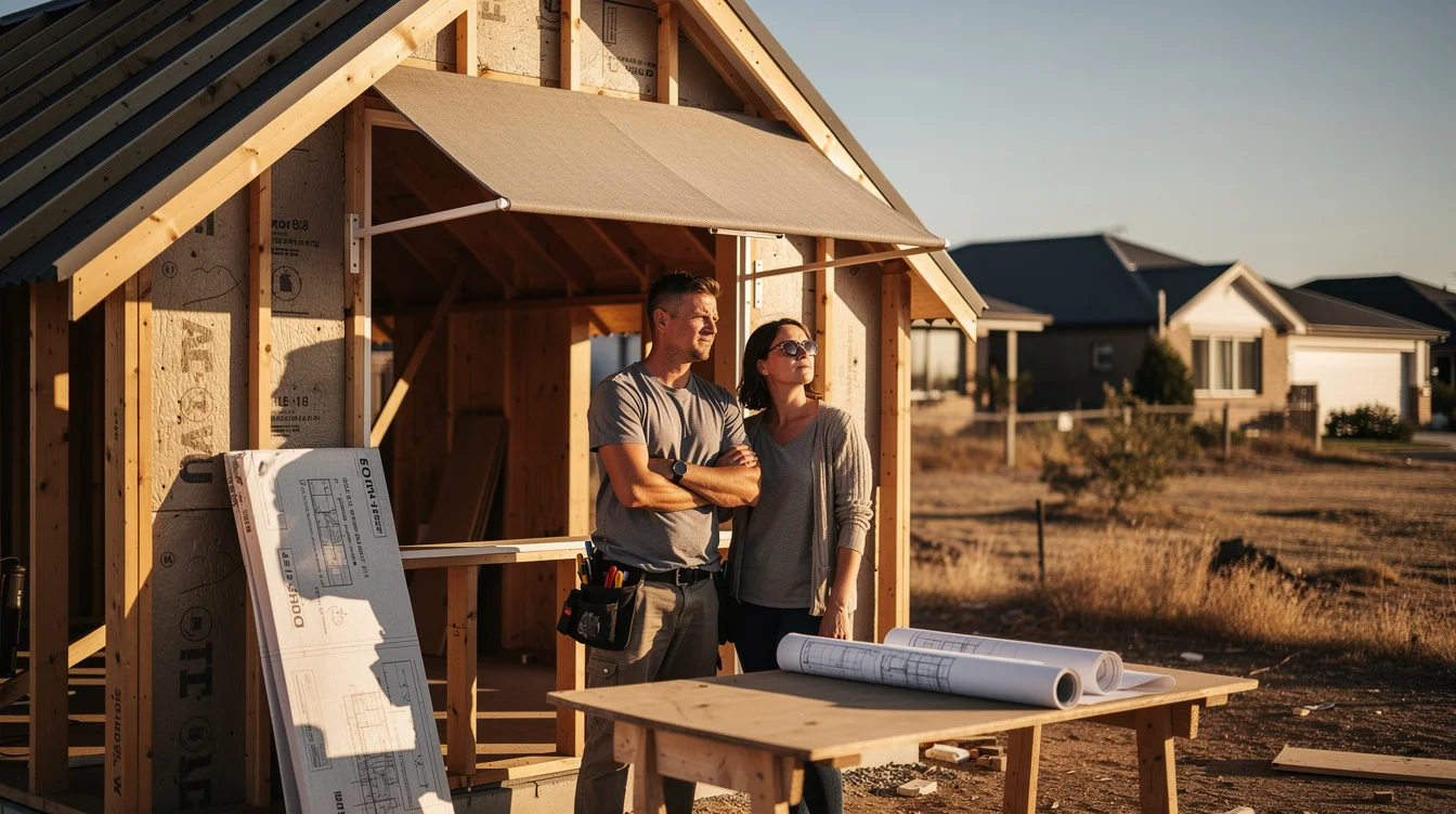 Editorial photograph at a small pitched-roof timber home under construction in a hot, dry residential setting..