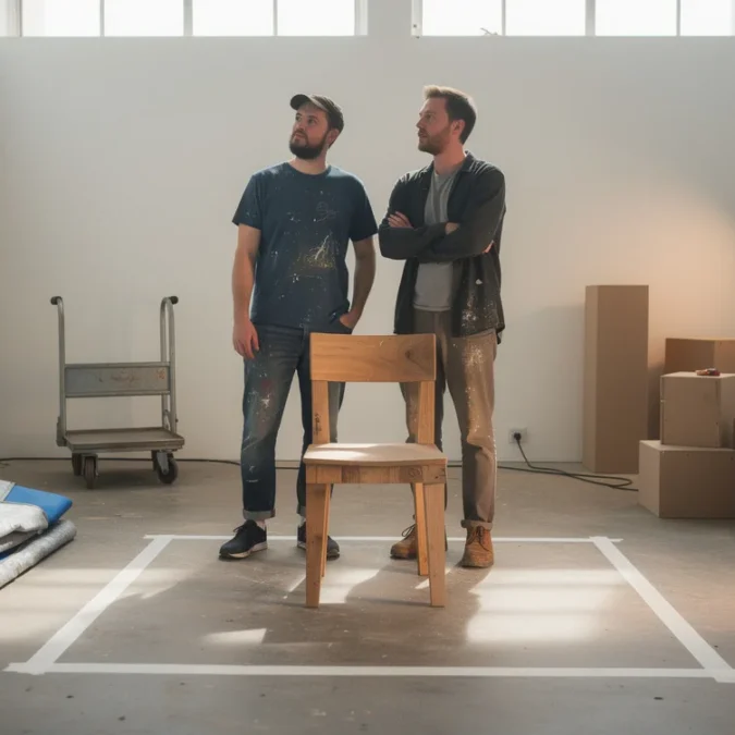 Editorial photograph illustrating exhibition costs in London during the September design-festival season: two emerging furniture designers.