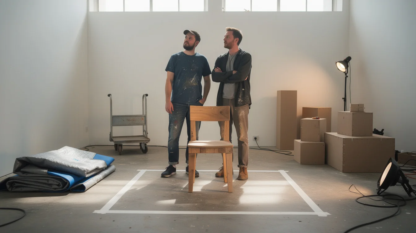 Editorial photograph illustrating exhibition costs in London during the September design-festival season: two emerging furniture designers.