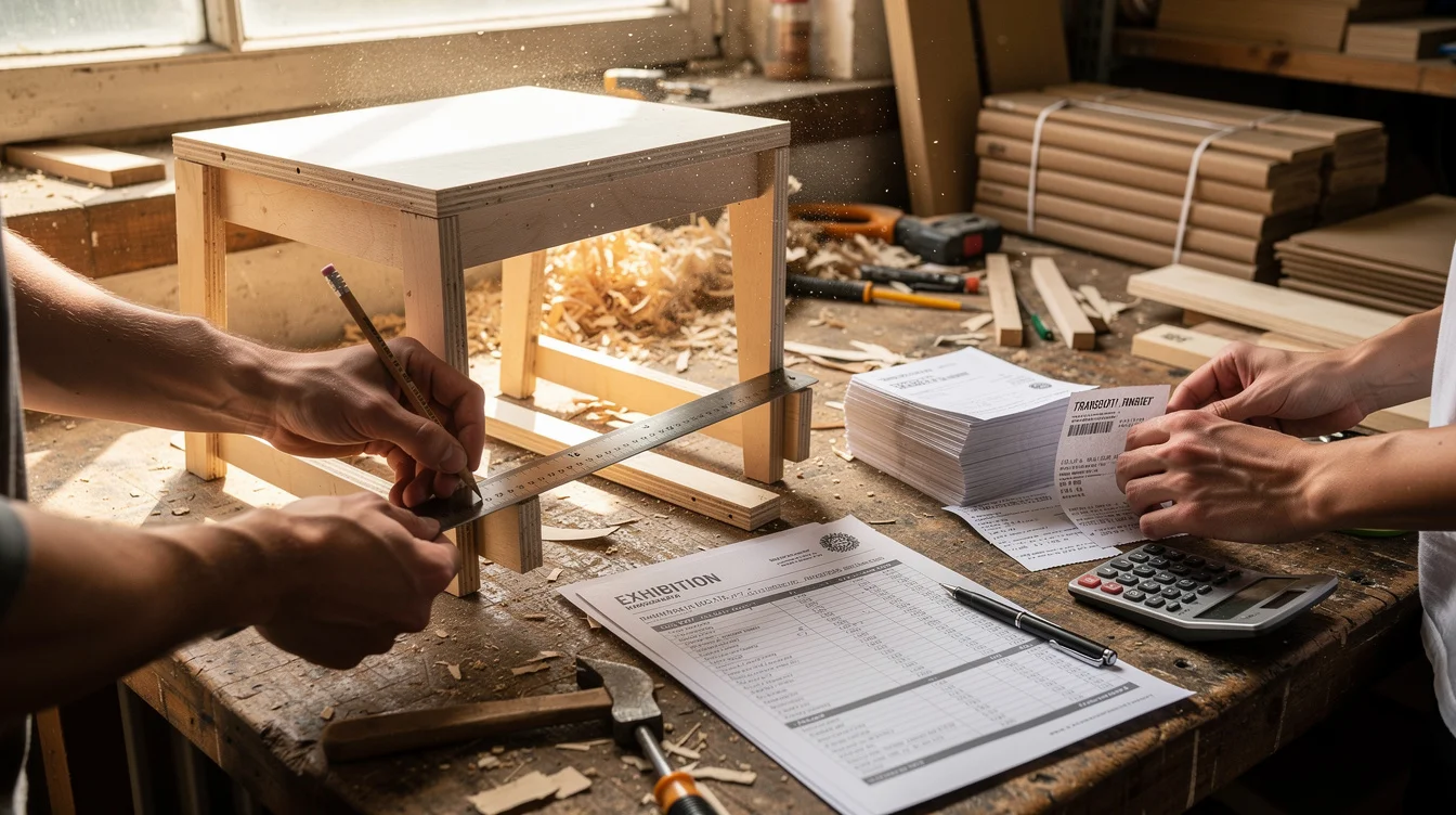 A close editorial photograph in a small London furniture studio: a designer’s hands measure a plywood.