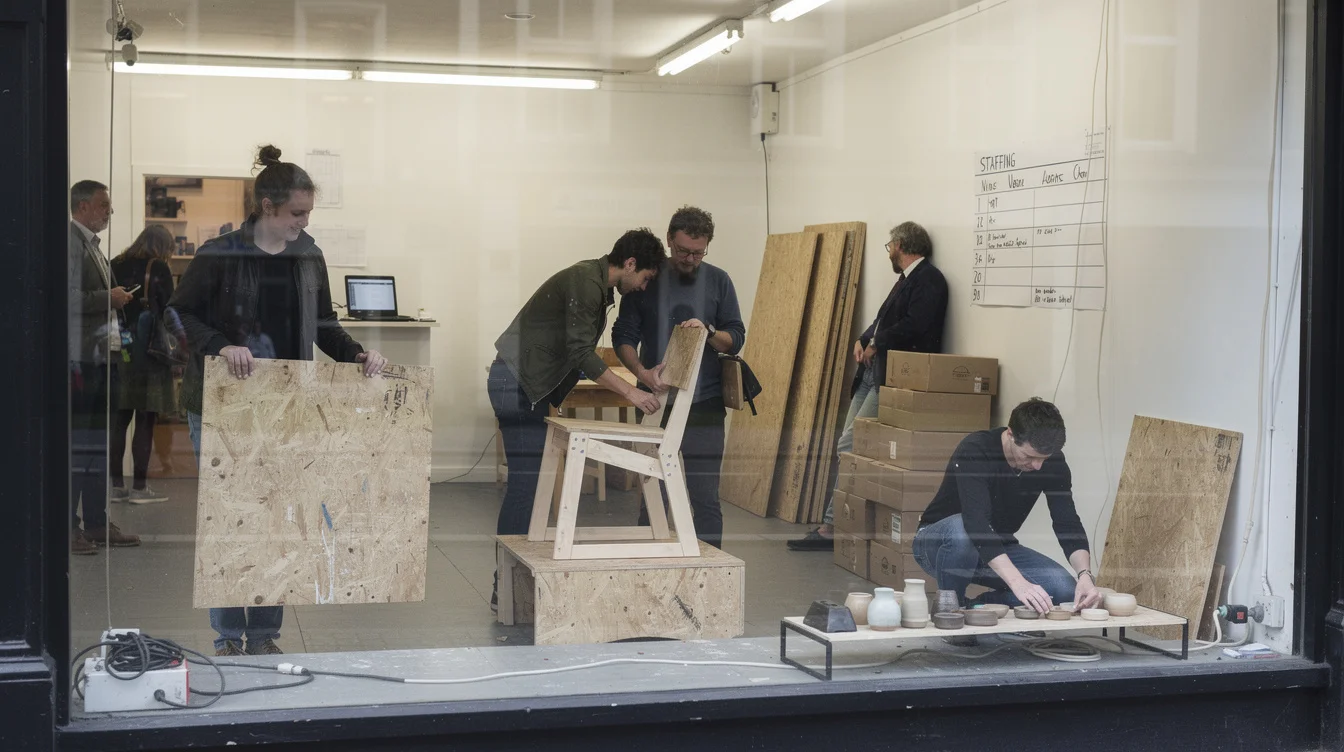 Wide editorial photograph of a grassroots design exhibition being installed in a temporary London shopfront gallery..