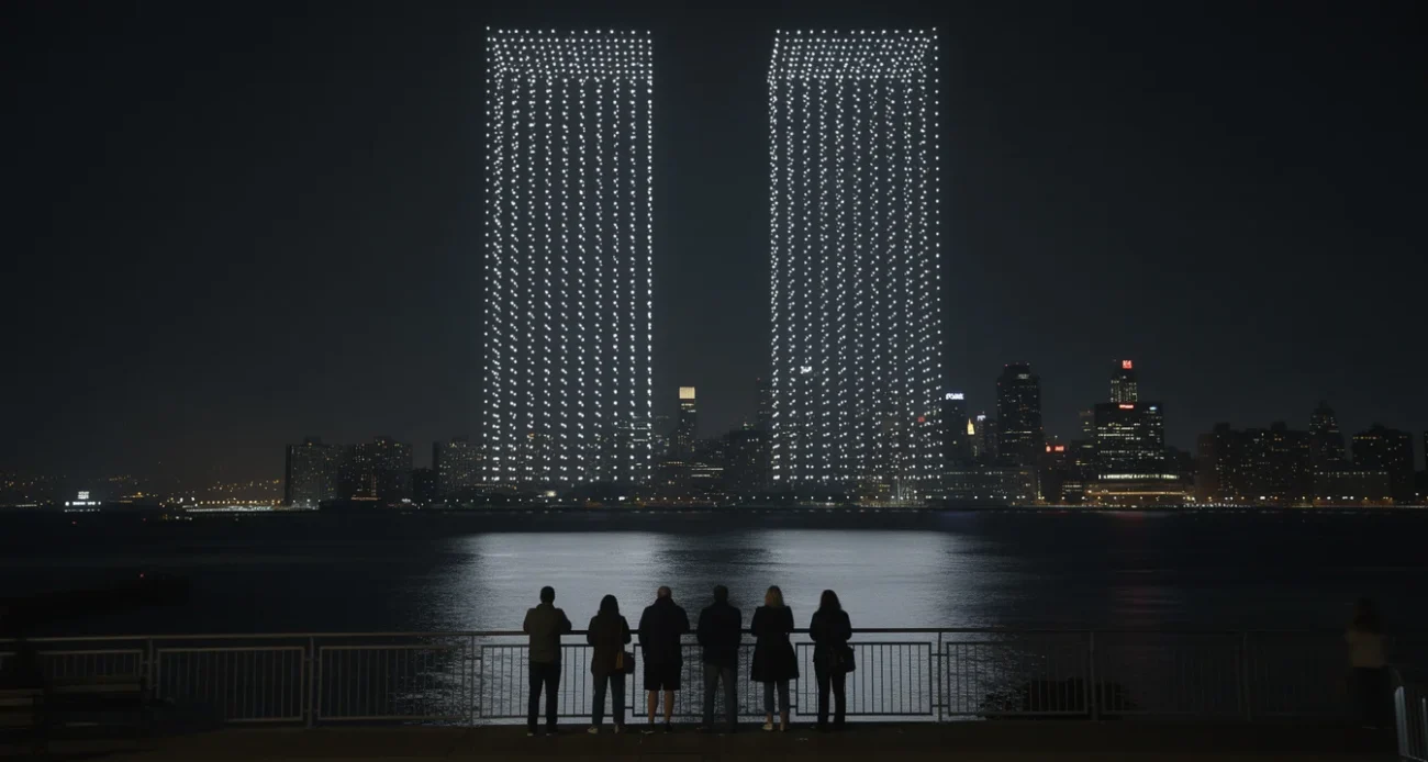 Editorial photographic interpretation of a September memorial drone display over New York Harbor at night, viewed.