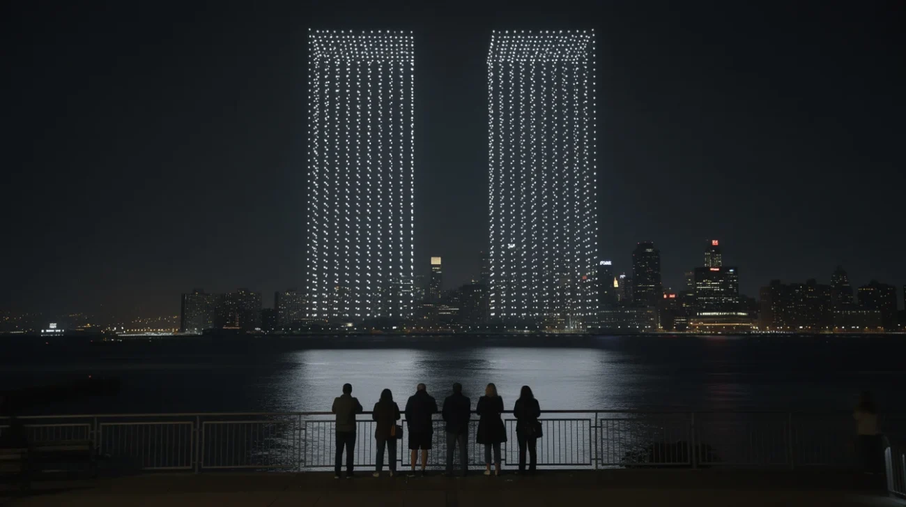 Editorial photographic interpretation of a September memorial drone display over New York Harbor at night, viewed.