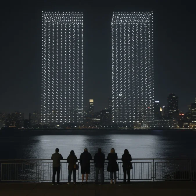 Editorial photographic interpretation of a September memorial drone display over New York Harbor at night, viewed.